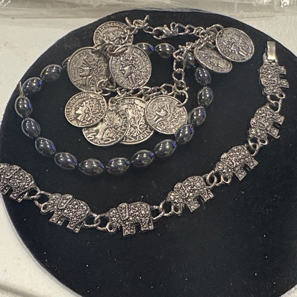 Silver Coin and Elephant Charm Bracelet Set